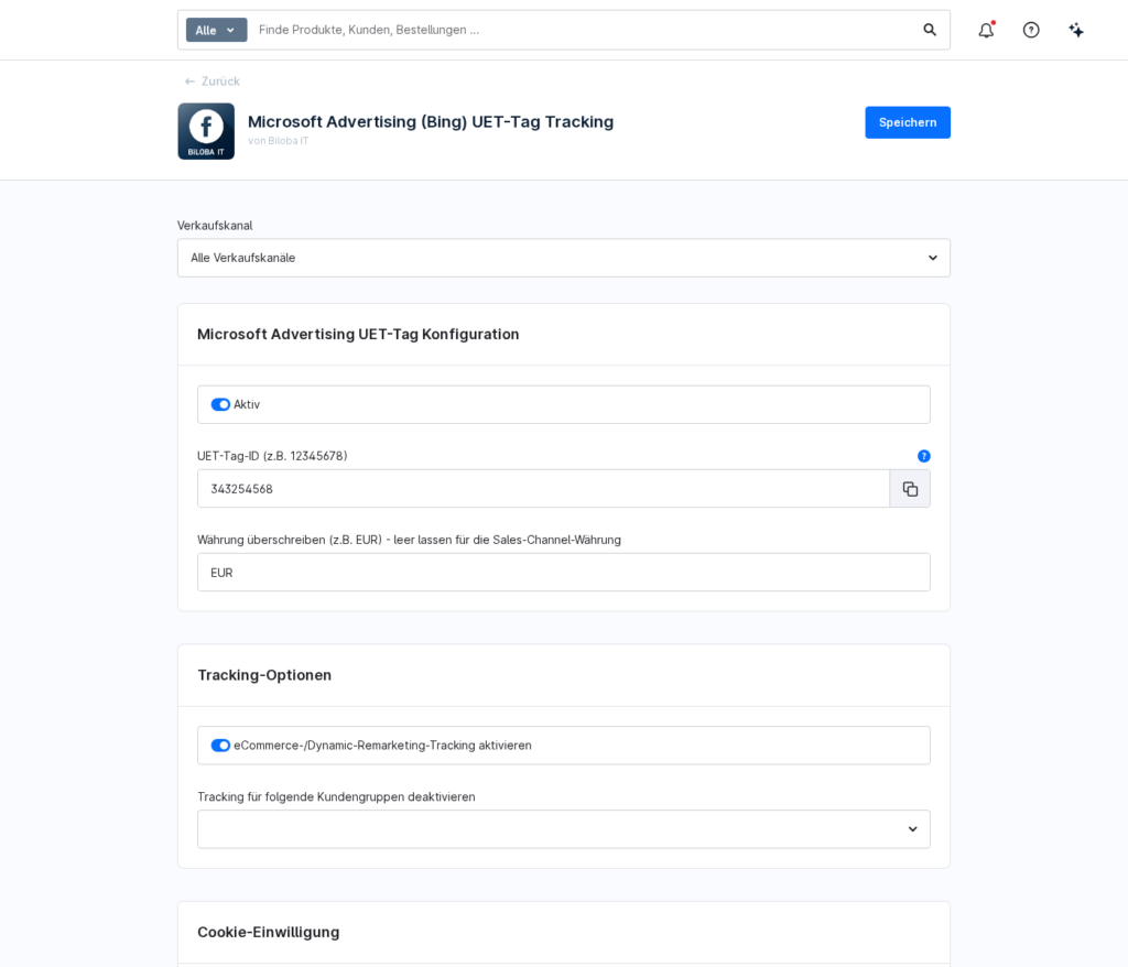 Plugin-Konfiguration des Microsoft Advertising (Bing) UET-Tags in der Shopware-Administration