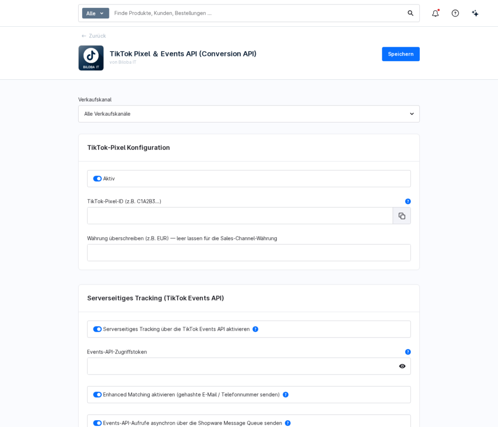 Plugin-Konfiguration des TikTok Pixel & Events API in der Shopware-Administration