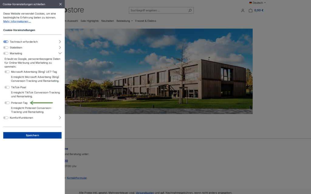 Cookie-Voreinstellungen in der Storefront mit dem Pinterest Tag in der Marketing-Kategorie