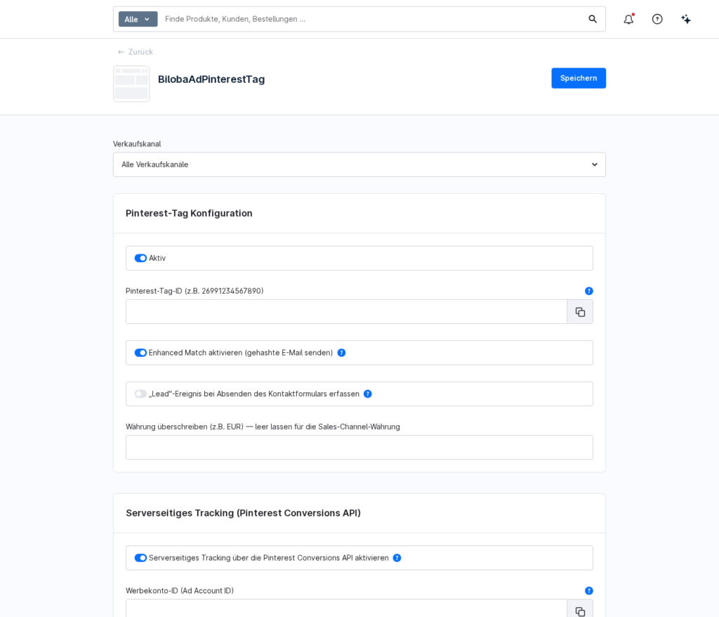 Plugin-Konfiguration des Pinterest Tag & Conversions API in der Shopware-Administration