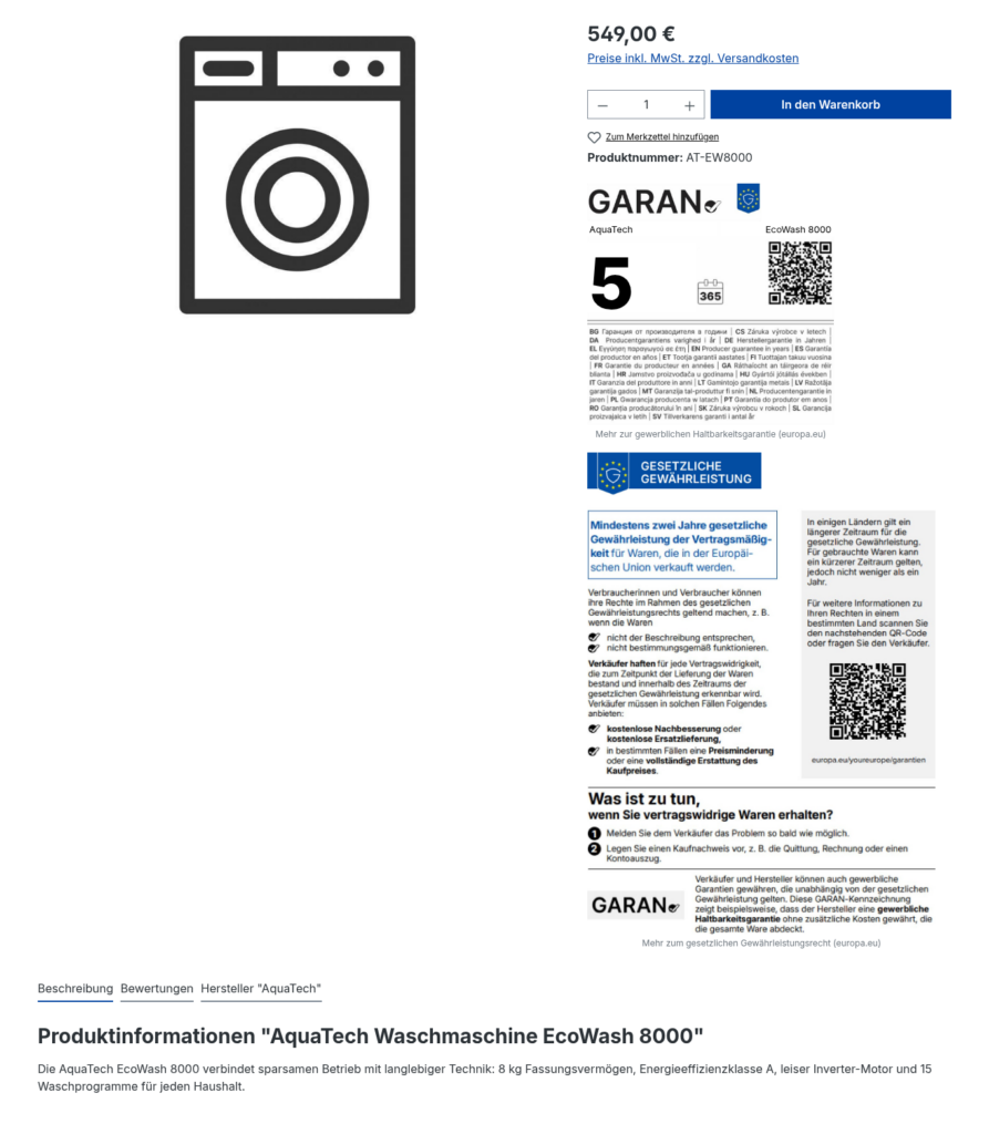 GARAN-Garantielabel zusammen mit der gesetzlichen Gewährleistungsmitteilung auf der Produktdetailseite