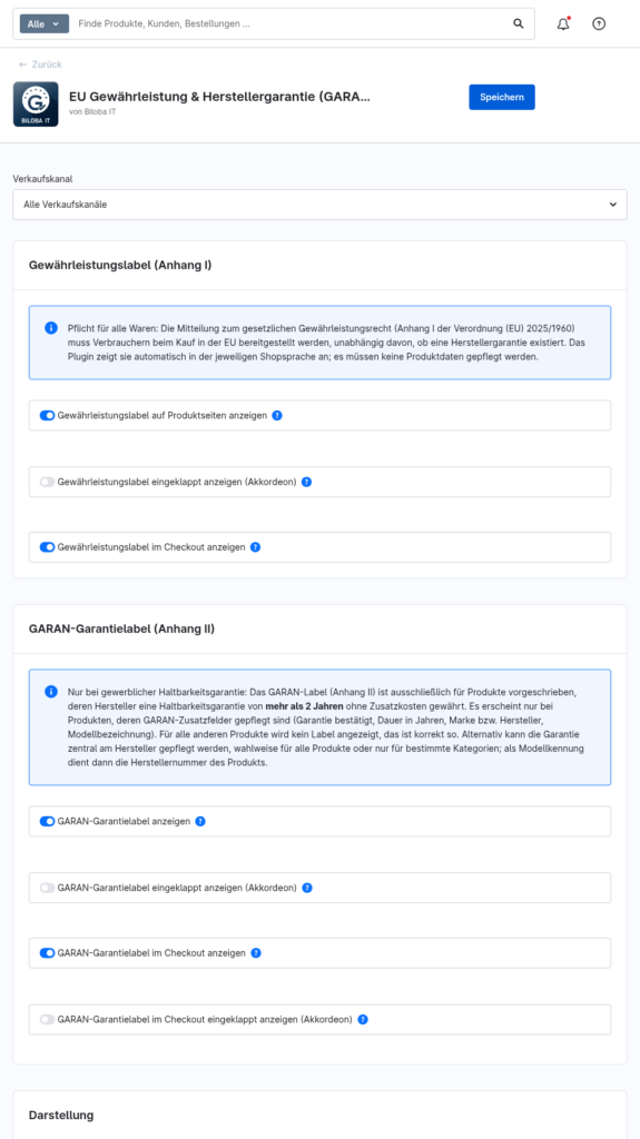 Konfiguration der Erweiterung mit Anzeige- und Akkordeon-Optionen für beide Label