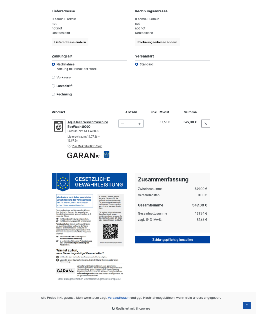 GARAN-Label an der Warenkorbposition und Gewährleistungsmitteilung neben der Bestellzusammenfassung im Checkout