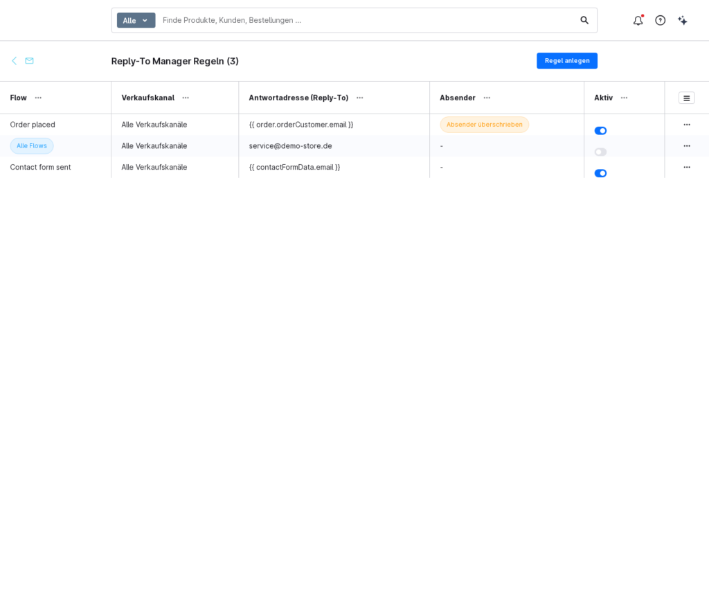 List of rules in the admin panel: three ‘Reply-To’ rules with flow, sales channel, reply-to address and sender status