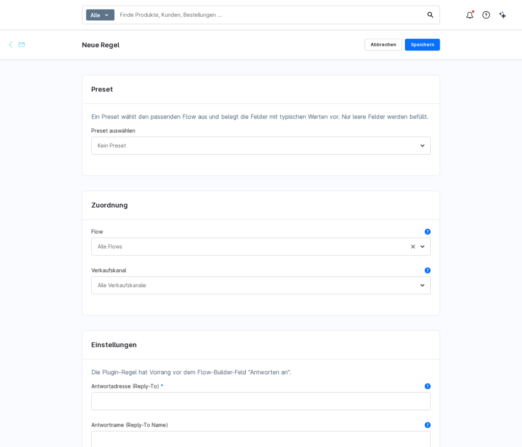 Preset selection when creating a new rule
