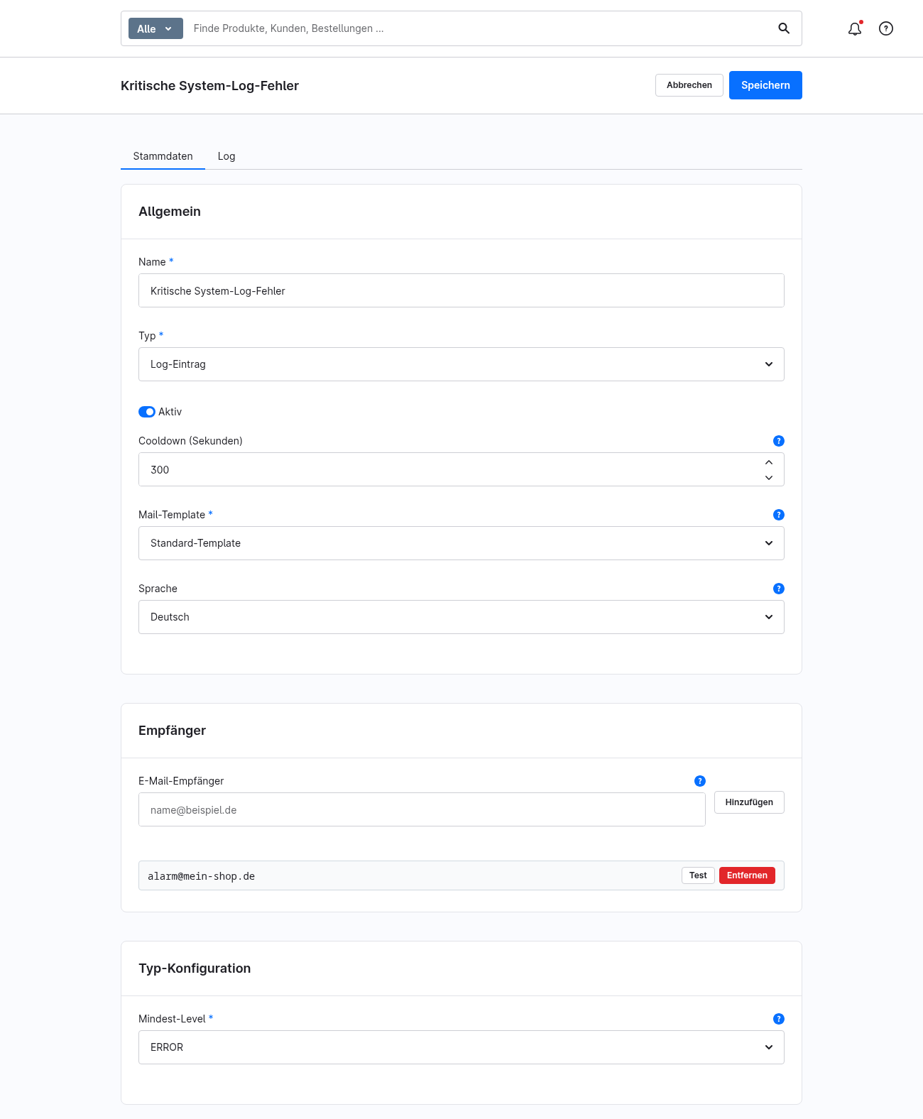 Detailformular eines E-Mail-Alarms mit Konfigurationsfeldern