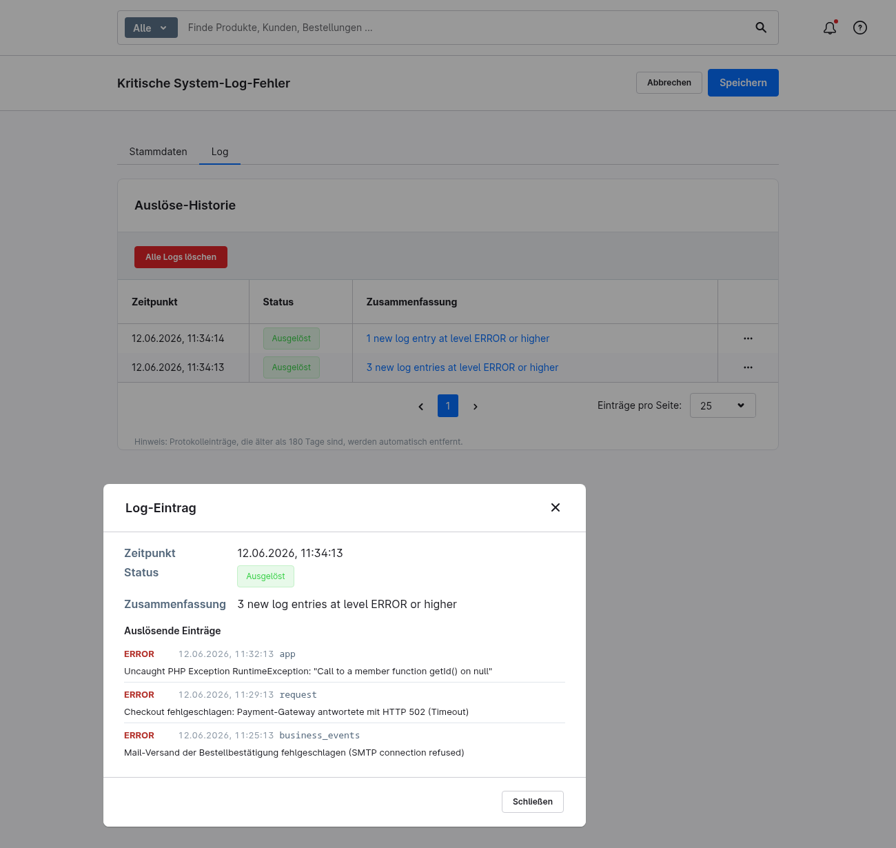 Detailansicht eines Log-Eintrags mit vollstaendigem Fehlertext