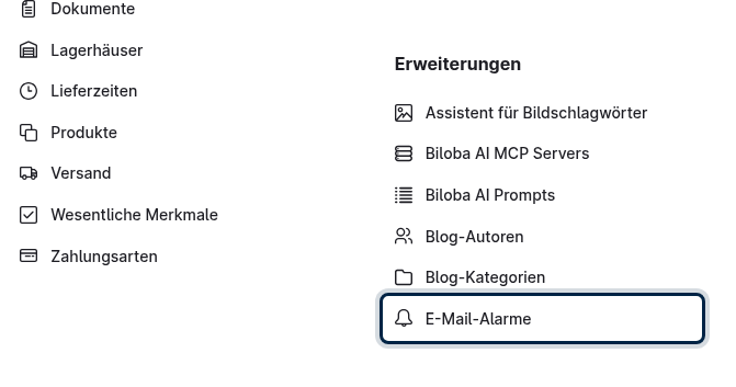 Menüpunkt E-Mail-Alarme im Shopware Backend unter Einstellungen → Erweiterungen