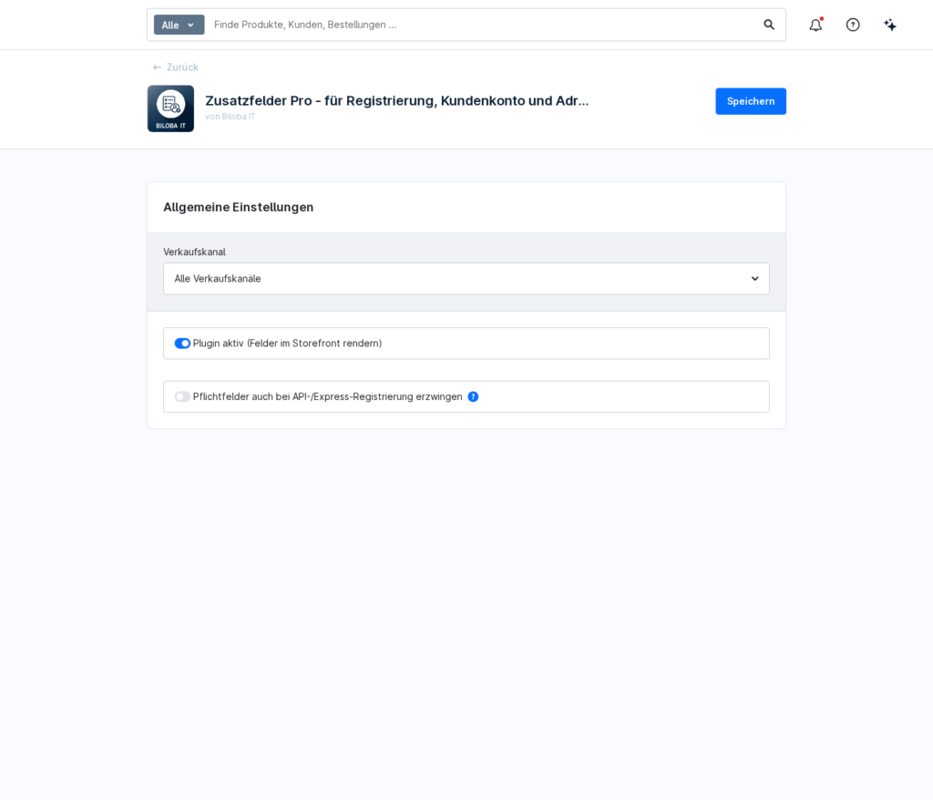 Konfiguration der Erweiterung Zusatzfelder Pro in der Shopware Administration