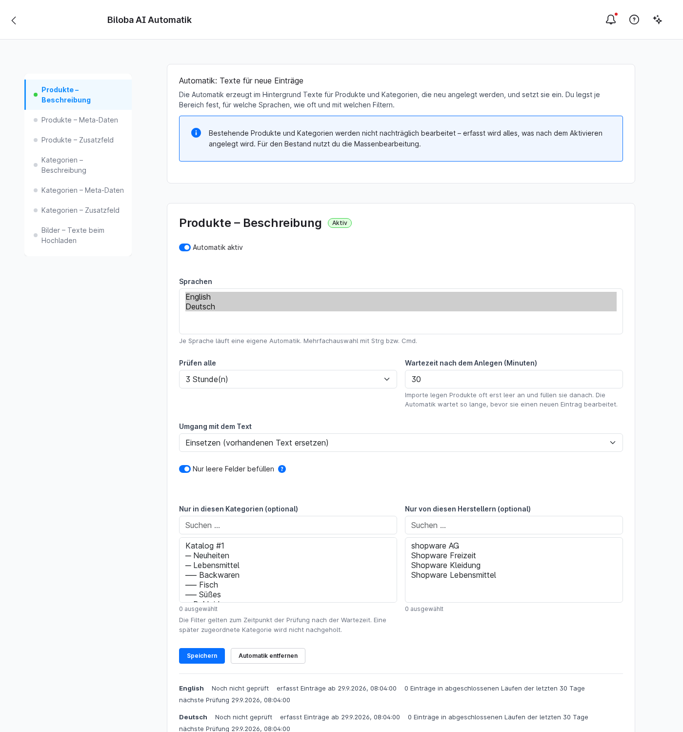 Biloba AI Automatik Einstellungsseite im Shopware-Admin