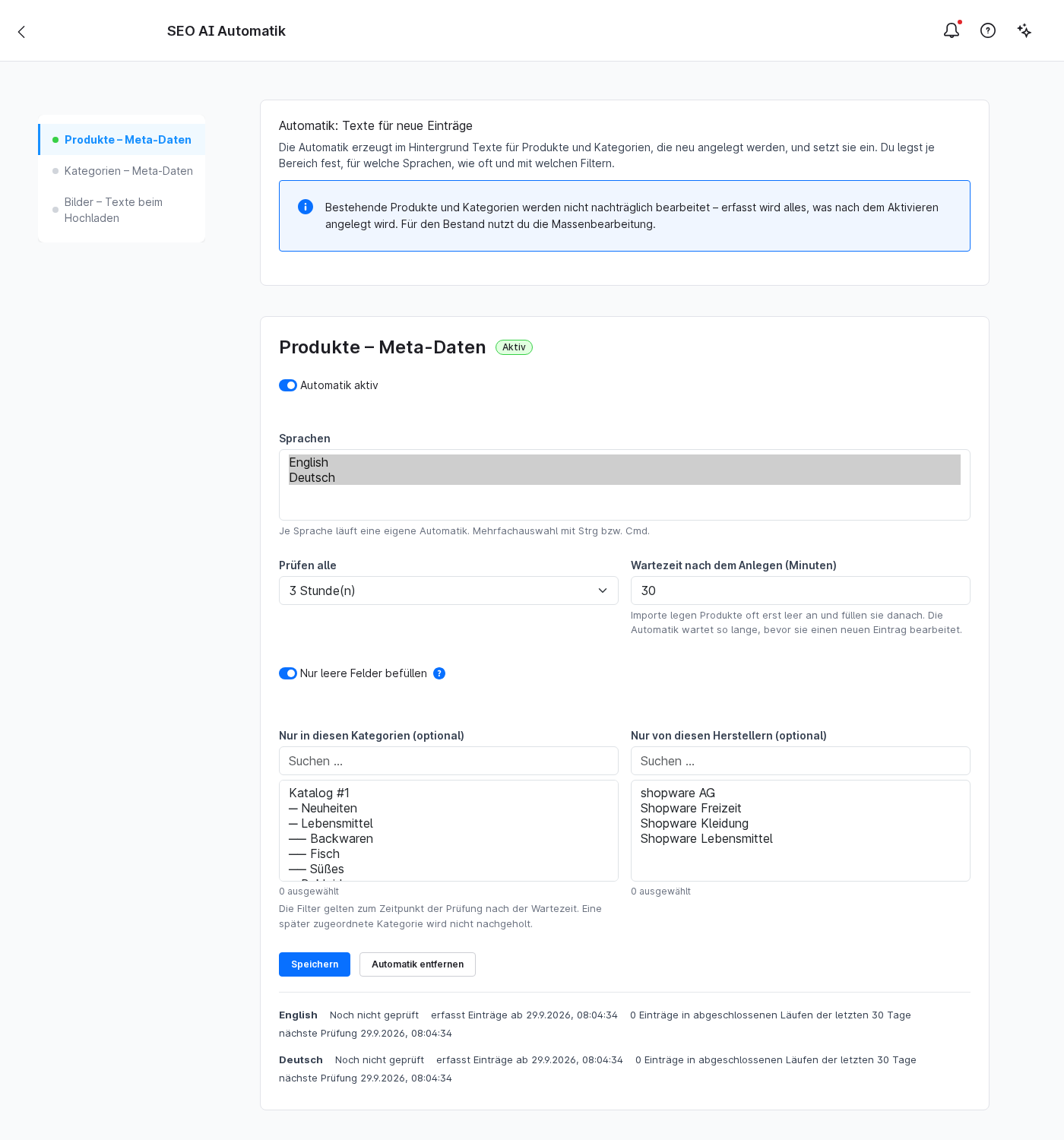 SEO AI Automatik settings page in the Shopware admin panel