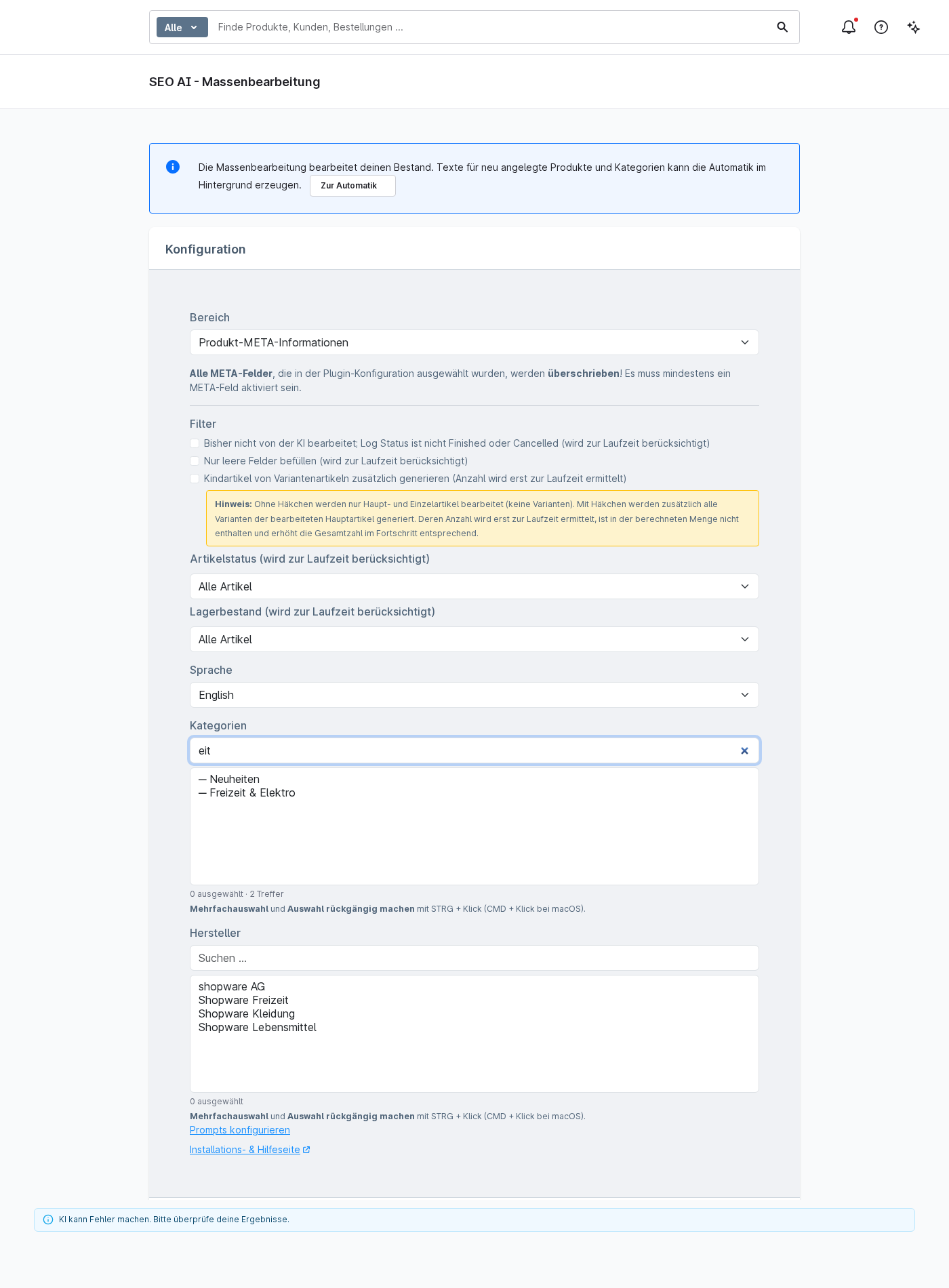 SEO AI bulk editing with notes on the automatic function and search field