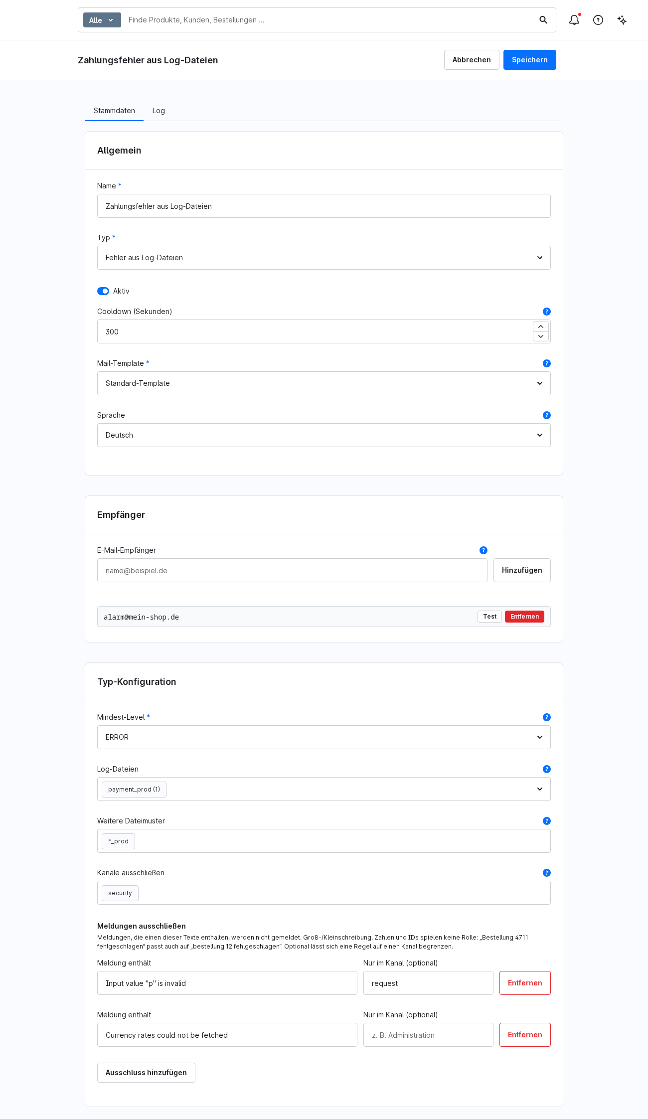 Alarm vom Typ „Fehler aus Log-Dateien“ mit Log-Datei, Dateimuster und Ausschlüssen